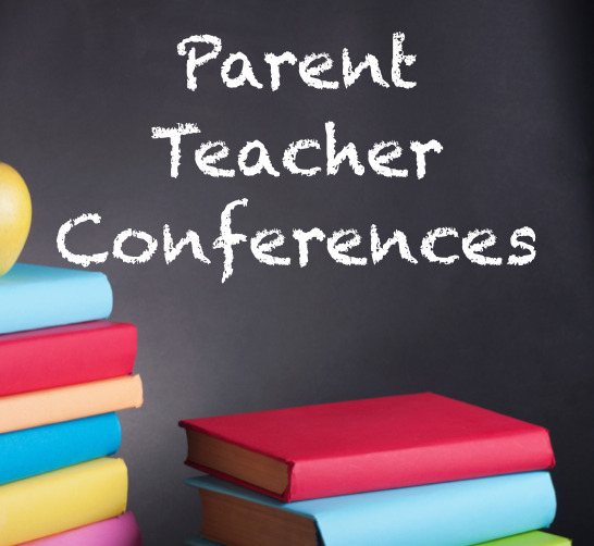 black board with parent teacher conference and books